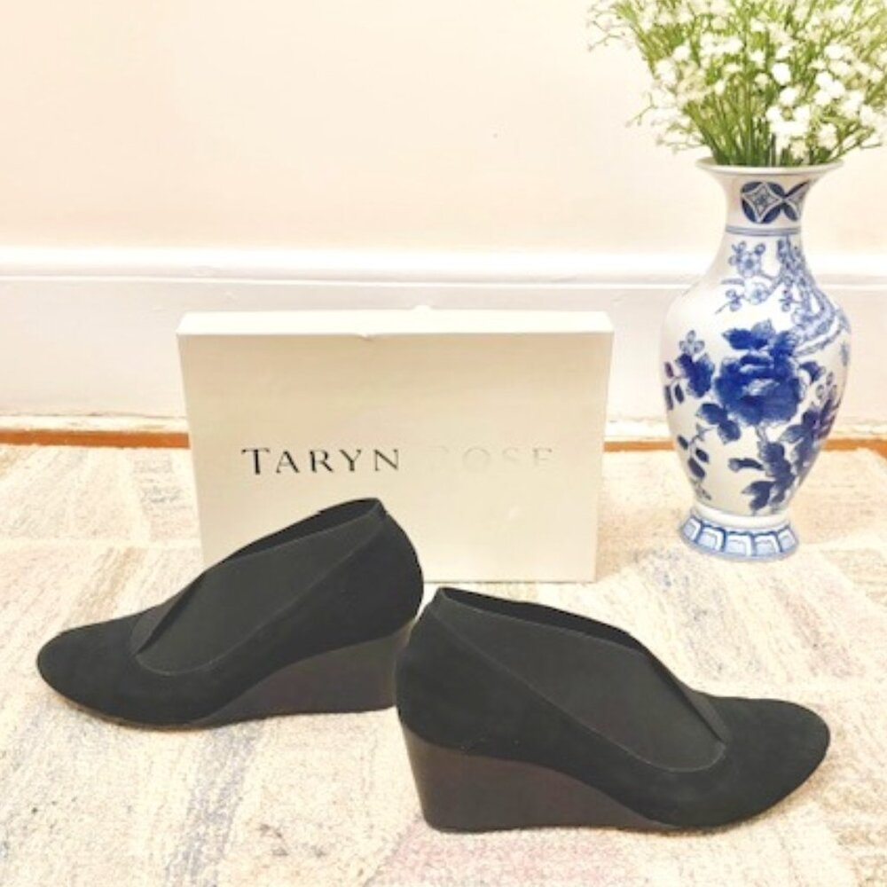 Taryn Rose Kelly Wedge Platform Slip-on  in Black Suede, Size 7,  2.75" heel